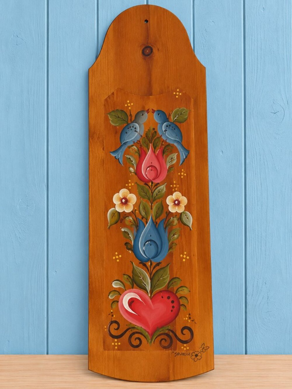 Folk Art Wooden Match Stick Holder Hand Painted Tulips Heart Birds Vtg Whimsical
